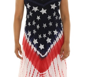 Women’s  Americana Patriotic Flag Tie-Dye Sleeveless Summer Dress-PLUS Size, Festival Casual Wear, Red White & Blue Stars And Stripes Dress