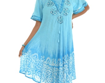 Women's Ombré Embroidery Batik Short Sleeves Boho Coverup Dress-PLUS, Casual Summer Beach Vacation Resort Wear Cover-Up Sundress, Kurti