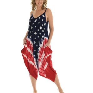 Red White & Blue Tie-Dye Stars Print Harem Jumpsuit -PLUS, Women American Flag Summer Jumpsuit Patriotic July 4 Plus Size Summer Wear