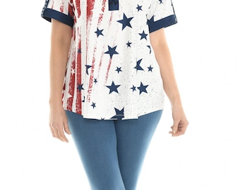 Women's 4th Of July Patriotic Tunic Blouse – American Flag Print, Short Sleeve, Cotton Blend