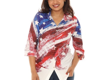 Plus Tie-Dye femmes rouge blanc & bleu bouton vers le bas chemise à col haut, tunique patriotique Americana taille plus haut, tenue de Festival décontracté d’été