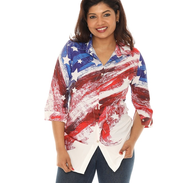 Women's Plus Tie-Dye Red White & Blue Button Down Collared Shirt Top, Plus Size Americana Patriotic Tunic Top, Summer Casual Festival Wear