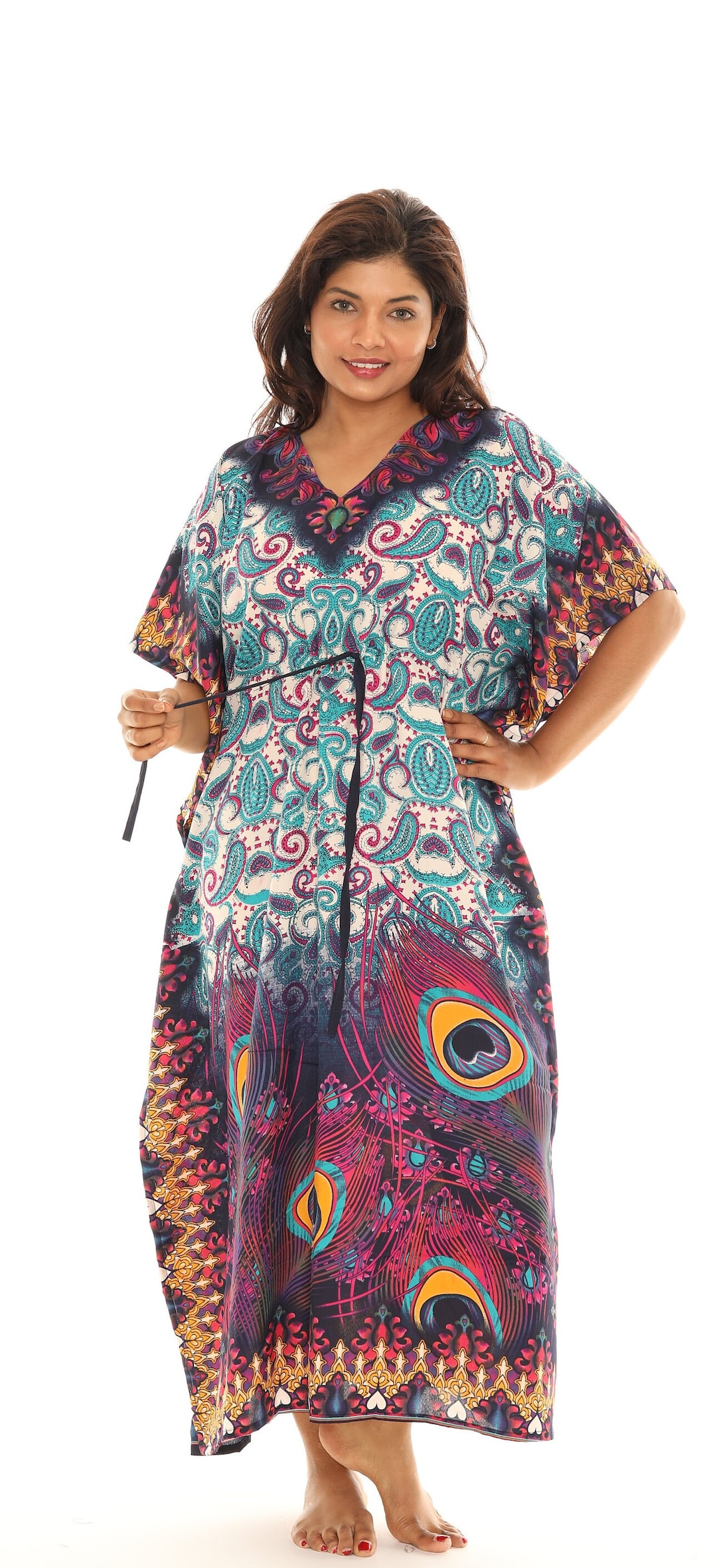 Peacock Print Polyester Kimono Sleeve Plus Size Kaftan For Women