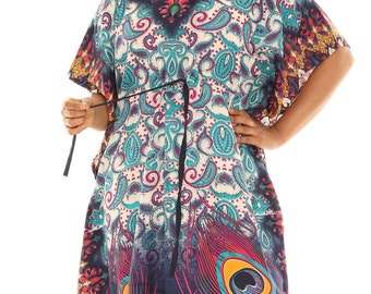 Women's PLUS Size Paisley Peacock Feather Print Caftan kaftan Dress, Long Maxi Kimono For Women ,Summer Casual  Beach Lounge Poolside Wear