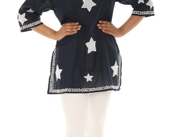 Women's Star Floral Embroidered Notch Neck Long Sleeves Summer Tunic Top -PLUS , Plus Size Tunic Top, Embroidered Boho Top
