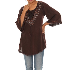 Women's Rhinestone Accent Embroidered 3/4 Sleeves Tunic Top, Plus Size Boho Tunic Top, Summer Casual Tunic, Embroidered Tunic, Fall Wear