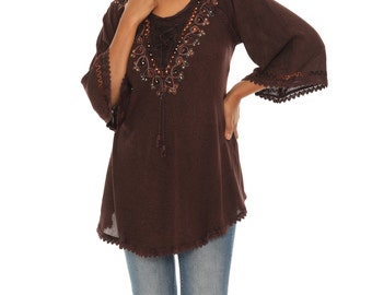 Women's Rhinestone Accent Embroidered 3/4 Sleeves Tunic Top, Plus Size Boho Tunic Top, Summer Casual Tunic, Embroidered Tunic, Fall Wear