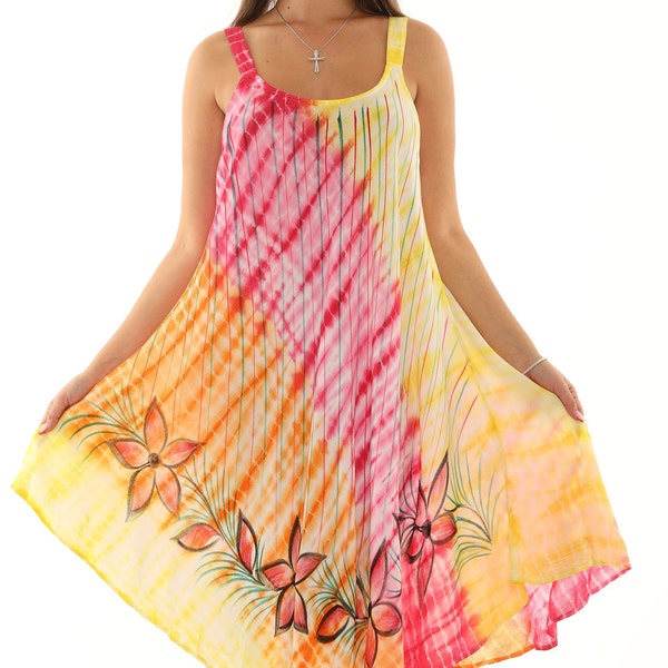 Women's Floral Print Tie-Dye Ombre Sleeveless Sundress-PLUS, Boho Casual Summer Midi Plus Size Dress, Beach Vacation Resort Relaxed Wear