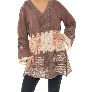 Women&#39;s Casual Boho Ombre Paisley Batik Print Long Sleeves V-neck Tunic  Summer Wear Rayon Tunic Top  Kurti-Kurta PLUS