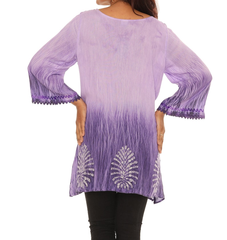 Women's Boho Embroidered Tie-Dye 3/4 Sleeves Tunic Top, Plus Size Tunic Top Blouse, Casual Spring Fall Summer Wear, Women Everyday Clothing image 9