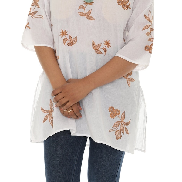 Women's Plus White Floral Embroidery V-Neck Sheer Tunic, Plus Size Boho Embroidered Long Sleeves Tunic Top, Spring/Summer Casual Wear, Gift