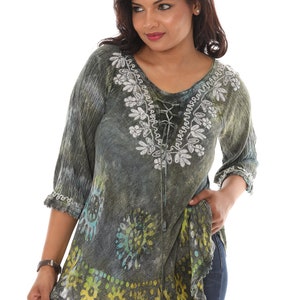 Women's Boho Embroidered Tie-Dye Batik Print 3/4 Sleeves Tunic -PLUS, Rayon Plus Size Top Tunic, Casual Summer Fall Winter Tunic Top Blouse