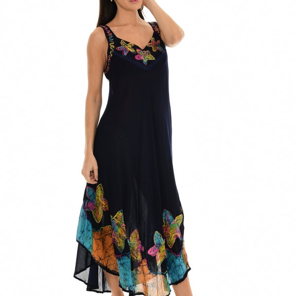 Women's Casual Black Starfish Batik Print Tie-dye Sleeveless Dress, Plus Size Sundress, Boho Summer Dress, Fashion Beach Wear, Cover-Up