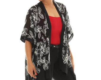Sheer Floral Embroidered Kimono Cardigan, Boho Beach Cover-Up