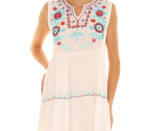 Women's White-Multicolored Floral Embroidered Sleeveless Tiered Dress-PLUS, Plus Size Short Dress, Knee Length Dress, Embroidered Dress