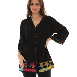 Women Black Star Print Embroidery Button Front Long Sleeves Shirt Tunic, Plus Size Tunic Top, Casual Summer Fall Regular Wear, open Cardigan