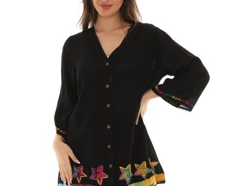 Women Black Star Print Embroidery Button Front Long Sleeves Shirt Tunic, Plus Size Tunic Top, Casual Summer Fall Regular Wear, open Cardigan