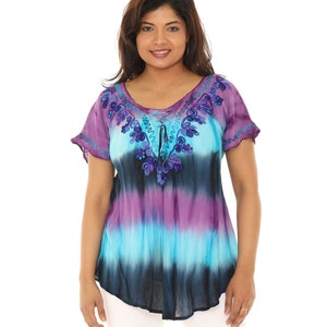 Women's Tie-Dye Embroidered Short sleeves Tunic-Plus, Boho Plus Size Tie-dye Tunic Top Blouse, Summer Casual Festival Vacation Regular Wear