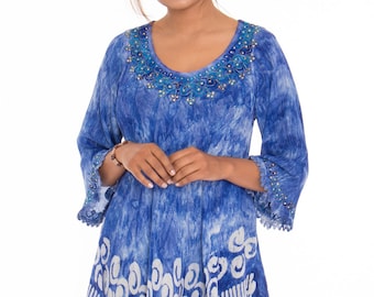 Women's Plus Tie-Dye Embroidered Rhinestones Accent 3/4 Sleeves Tunic, Boho Plus Size Tunic Top, Casual Spring/ Fall Summer Regular wear
