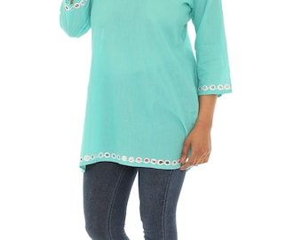 Women's Casual Mirror Embroidery Tunic Top- Plus, Plus Size Summer Tunic Top, Cotton Long Sleeves Tunic Top