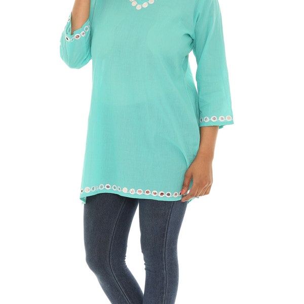 Women's Casual Mirror Embroidery Tunic Top- Plus, Plus Size Summer Tunic Top, Cotton Long Sleeves Tunic Top