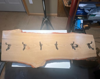Live Edge Sassafras Coat Rack | Rustic Entryway Organizer with Cast Iron Hooks