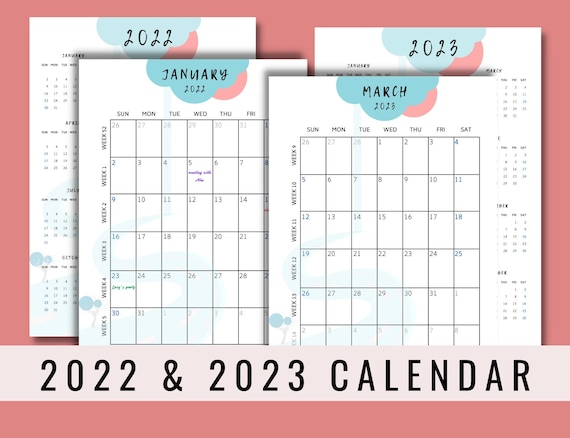 2022 2023 monthly calendar portrait printable calendar etsy