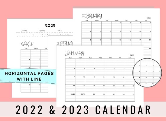 2022-2023 Monthly Calendar Landscape, Printable Calendar Template,  Minimalist Calendar, Yearly Calendar, A4/A5/ Letter, Sunday Start - Etsy