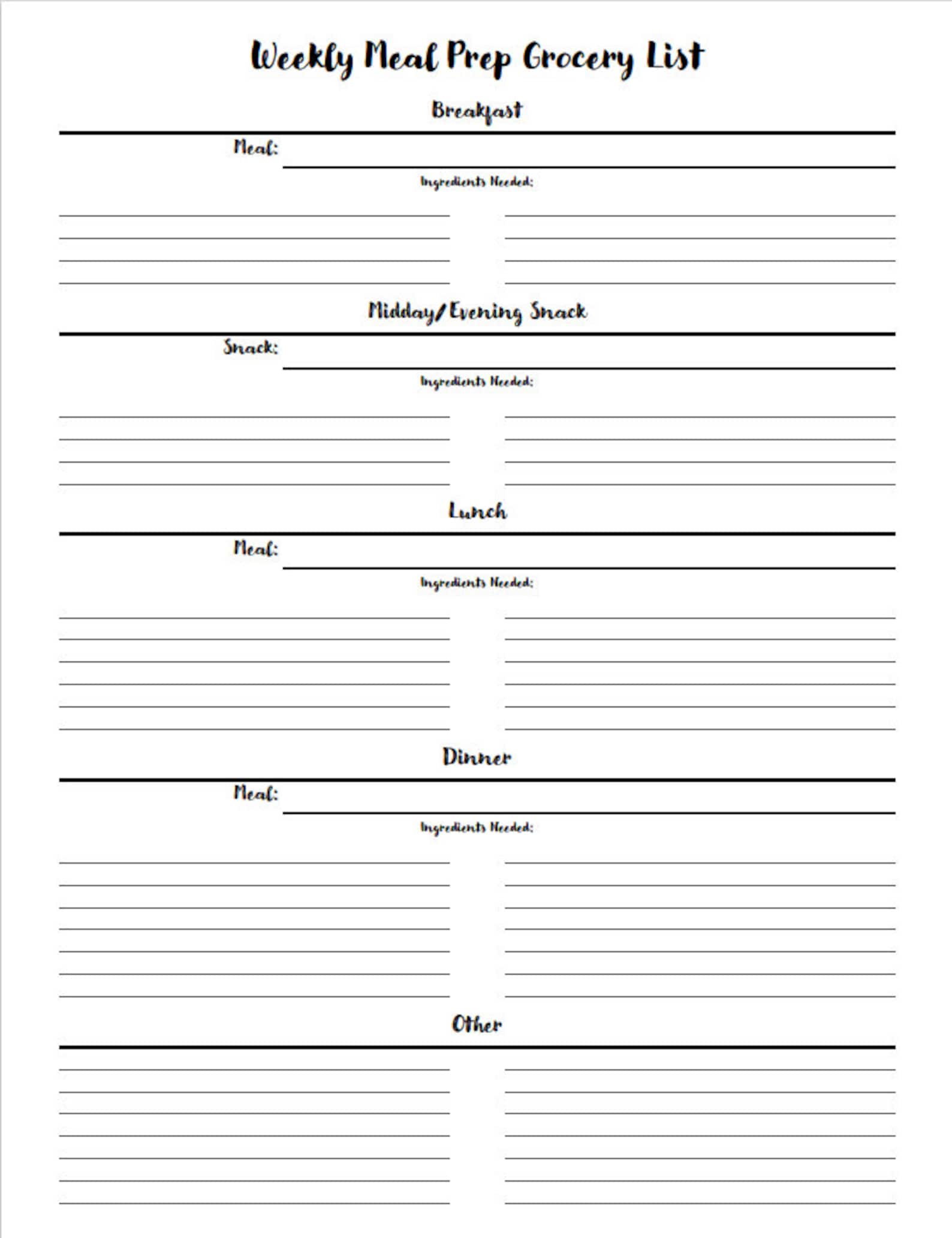 Printable Weekly Meal Prep Grocery List - Etsy