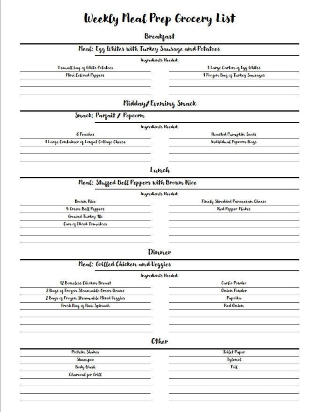 Printable Weekly Meal Prep Grocery List - Etsy