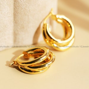 18k Gold Bold Trio Circle Hoop Earrings/ Chunky Triple Circle Earrings/ Statement Gold Earrings/ Stacking Earrings/ Jewelry Gift