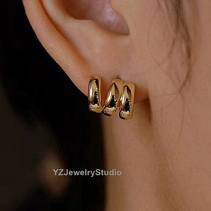18k Solid Gold Huggie Hoop Earrings/ Trinity Hoop Earrings