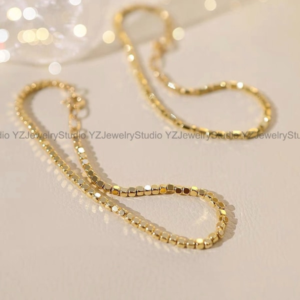 18k Solid Gold Square Beaded Chain Bracelet/ Dainty Stackable Chain Bracelet/ Genuine 18k Gold/ Minimalist