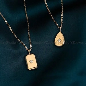 14k Solid Gold Rectangle Pendant Necklace/ Teardrop Pendant ...