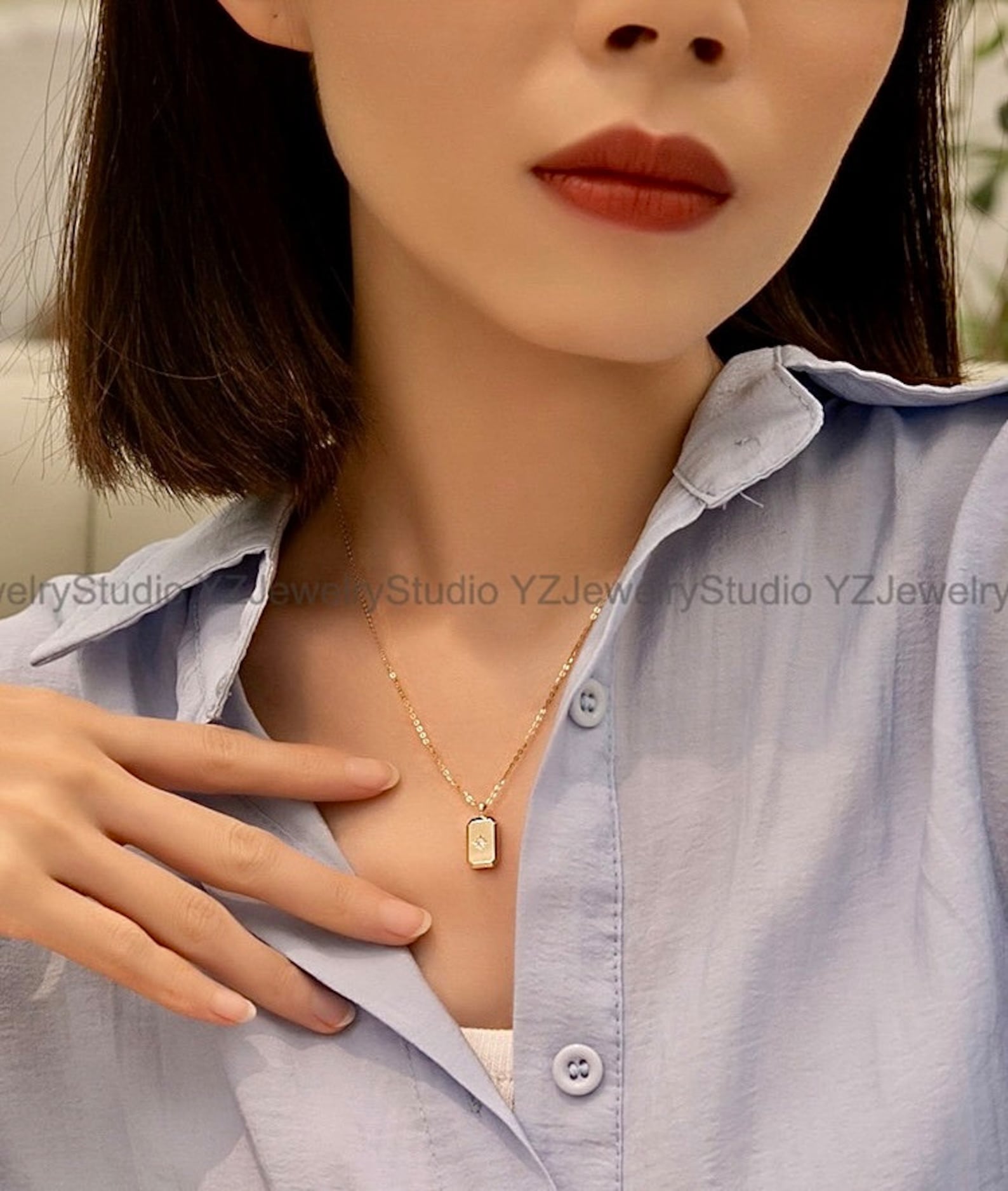 14k Solid Gold Rectangle Pendant Necklace/ Teardrop Pendant ...