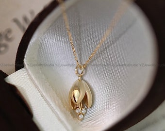 18k Solid Gold Orchid Flower Pendant Necklace Diamond/ Lily of the Valley Flower Pendant/ Jewelry Gift