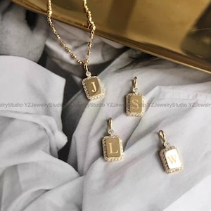 18k Solid Gold Rectangle Initial Letter Personalize Diamond Pendant/ Diamond Initial Tag/ Diamond Tag Custom Letter / Elegant Gift