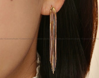 18k Solid Gold Tassel Earrings/ Sparkling Tassel Fringe Earrings/ Wedding Jewelry/ Statement Earrings/ Aesthetic Earrings