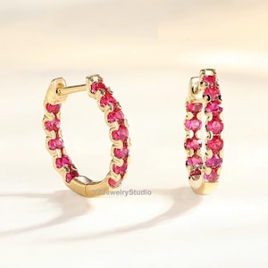 18k Solid Gold Ruby Huggie Hoop Earrings, 0.50 carats Ruby