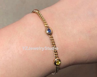 18k Solid Gold Bold Rainbow Sapphire Curb Chain Bracelet/ Cuban Chain Sapphire Bracelet/ Stacking Bracelet/ Jewelry Gift