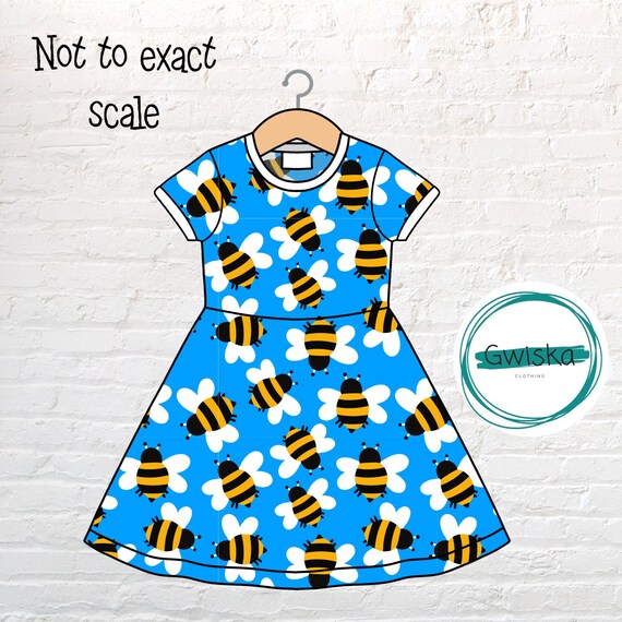 blue dress with bees Bright Blue Bee Short Long Sleeve Dress | Baby Child Kids Children's  Toddler | Gift Birthday Present | Scandi Bees | Handmade