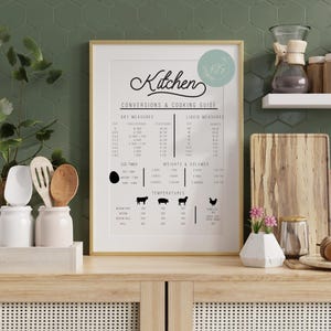 May include: A framed kitchen conversions and cooking guide with a gold frame. The guide includes measurements, egg timer, weights, and temperatures. Kitchen utensils and decorative items are on a wooden cabinet.