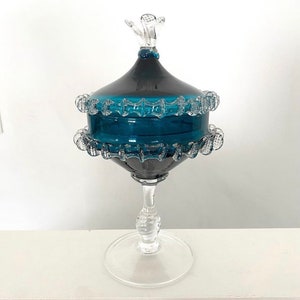 Murano blue peacock glass covered candy dish