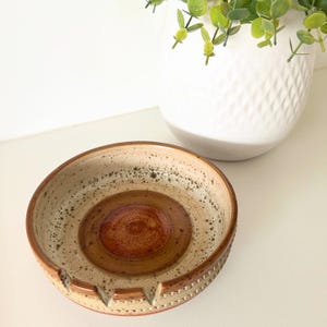 Puede incluir: Un cenicero de cerámica moteada con un diseño marrón y beige. El cenicero tiene un diseño circular con un centro empotrado y un borde texturizado. El borde presenta una serie de muescas recortadas. Un jarrón blanco con follaje verde está en el fondo.