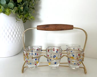 Vintage MCM polkadot shotglaasjes set met draadhouder
