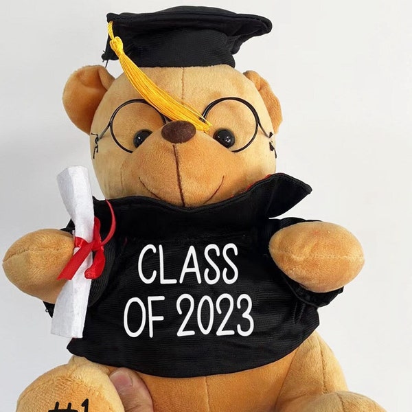 Personalized Graduation Bear, Class of 2024 First Grad Gift, Cute Plush Toy for Kids, Customized Name Bear Toy, Stuffed Bear with Cap