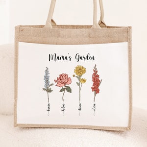 Mama's Garden Tote Bags, Gift Bags For Mom, Mothers Day Gifts, Personalized Birth Flower Tote Bag, Custom Nana Grocery Bag, Mommy Beach Bag