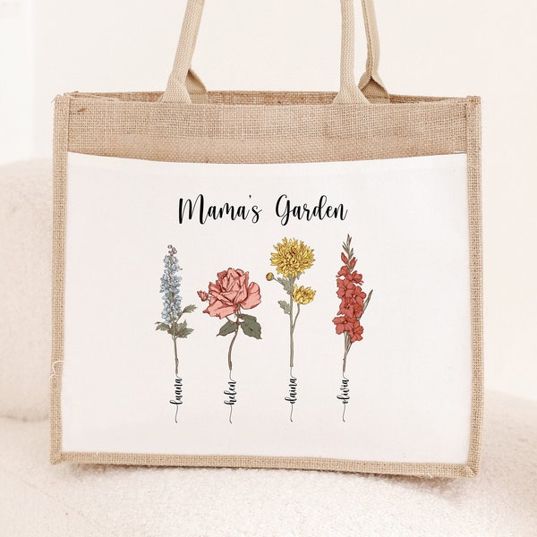 Mamas Garten Tragetaschen, Geschenktaschen für Mama, Muttertagsgeschenke, personalisierte Geburtsblumen-Einkaufstasche, benutzerdefinierte Nana-Lebensmittelgeschäfttasche, Mama-Strandtasche