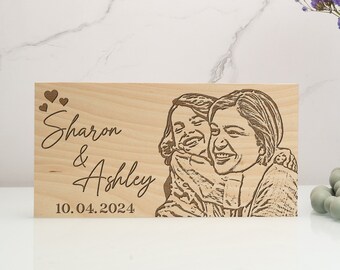 Engraved Family Picture Sign, Custom Wood Sign for Home, Mothers Day Gifts, Moms Office Decoration, Personalized Photo Sign, Memorial Gift