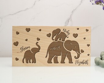 Cute Mama Elephant Sign, Mothers Day Gifts, Wood Wall Sign, Engraved Mom and Kids Name Plaque, Housewarming Decor, Mother of Two Gift